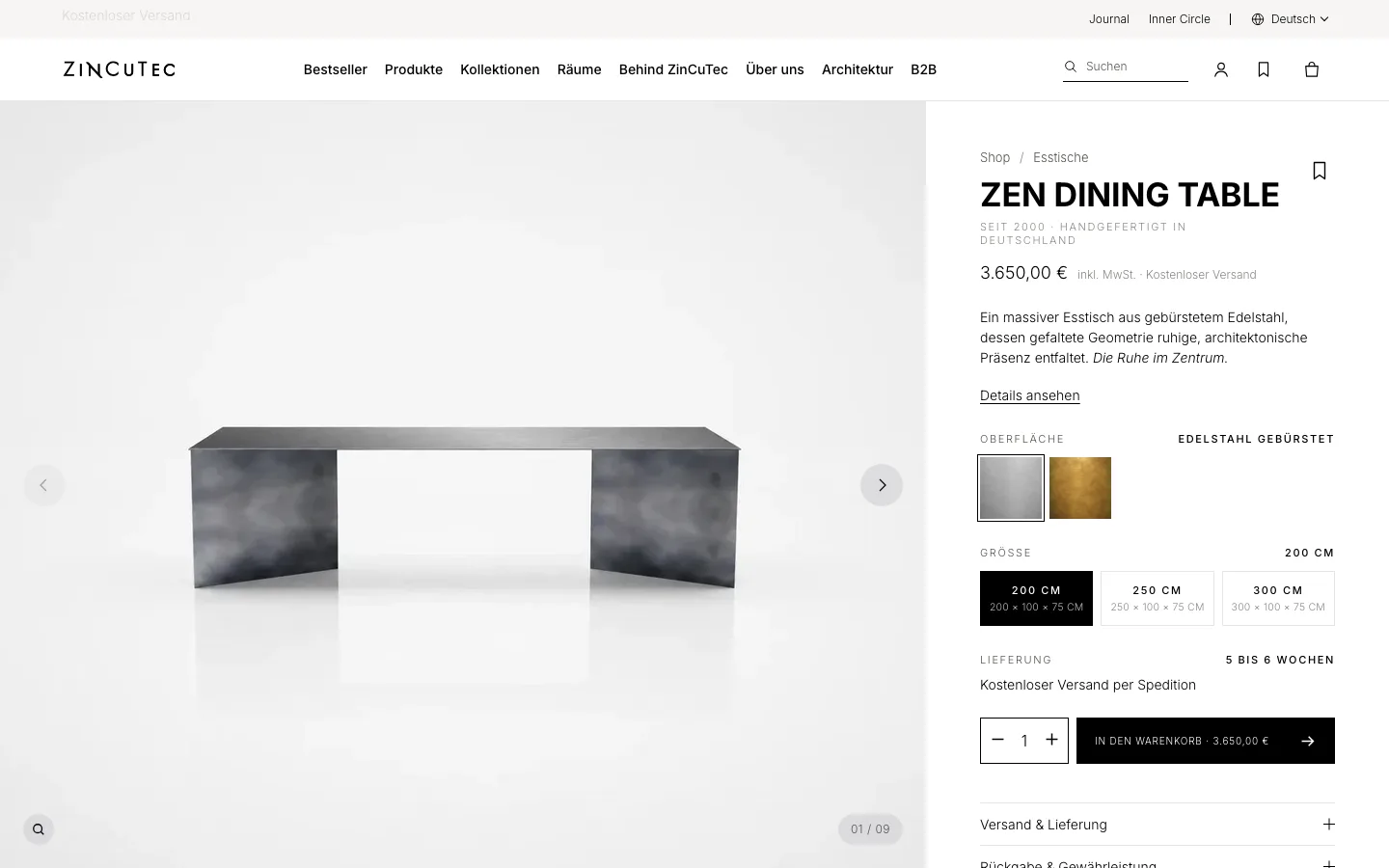 Produktseite des Zen Dining Table bei ZinCuTec